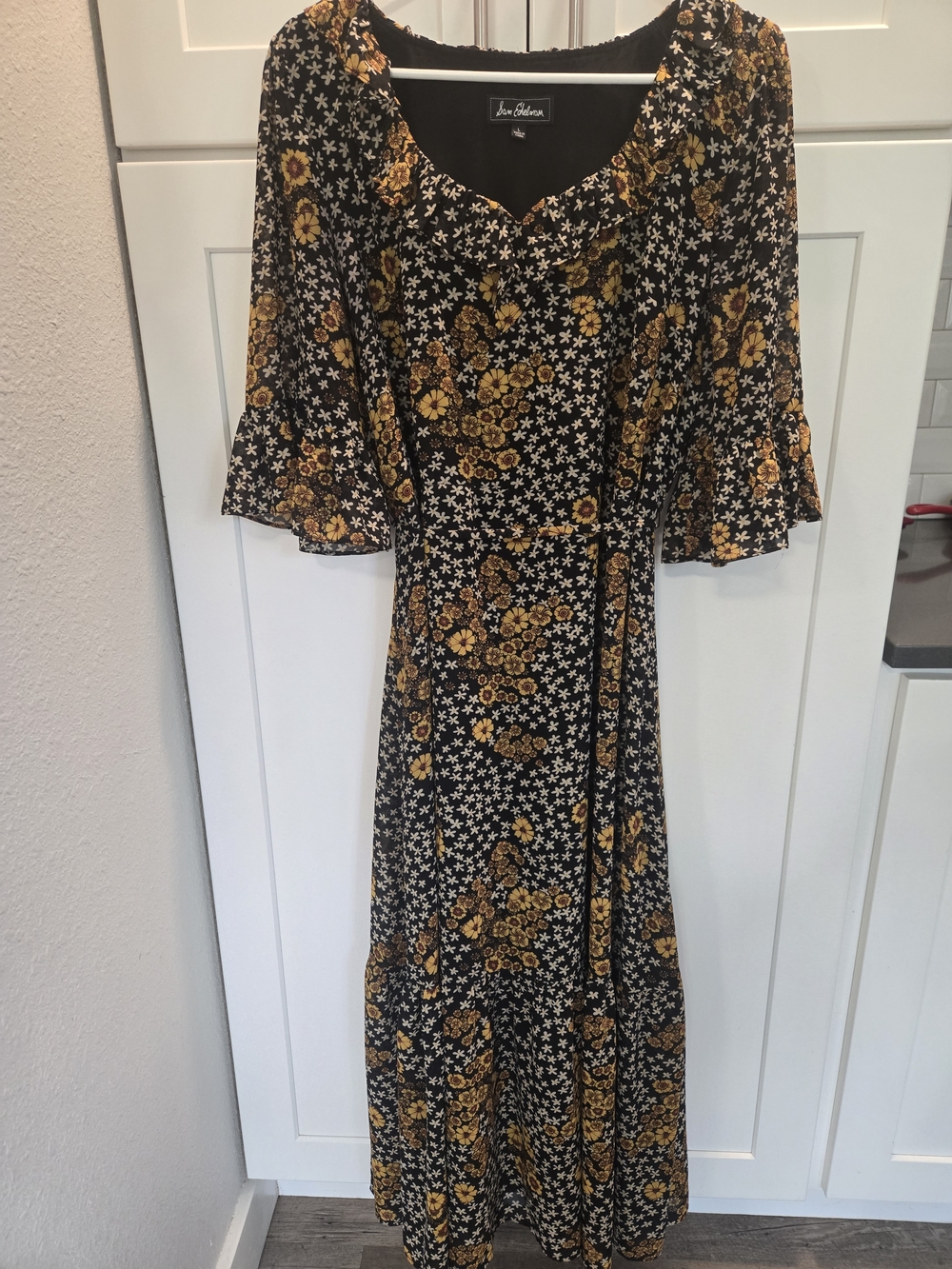 Sam Eldelman Black Maxi Dress with Mustard Floral Print